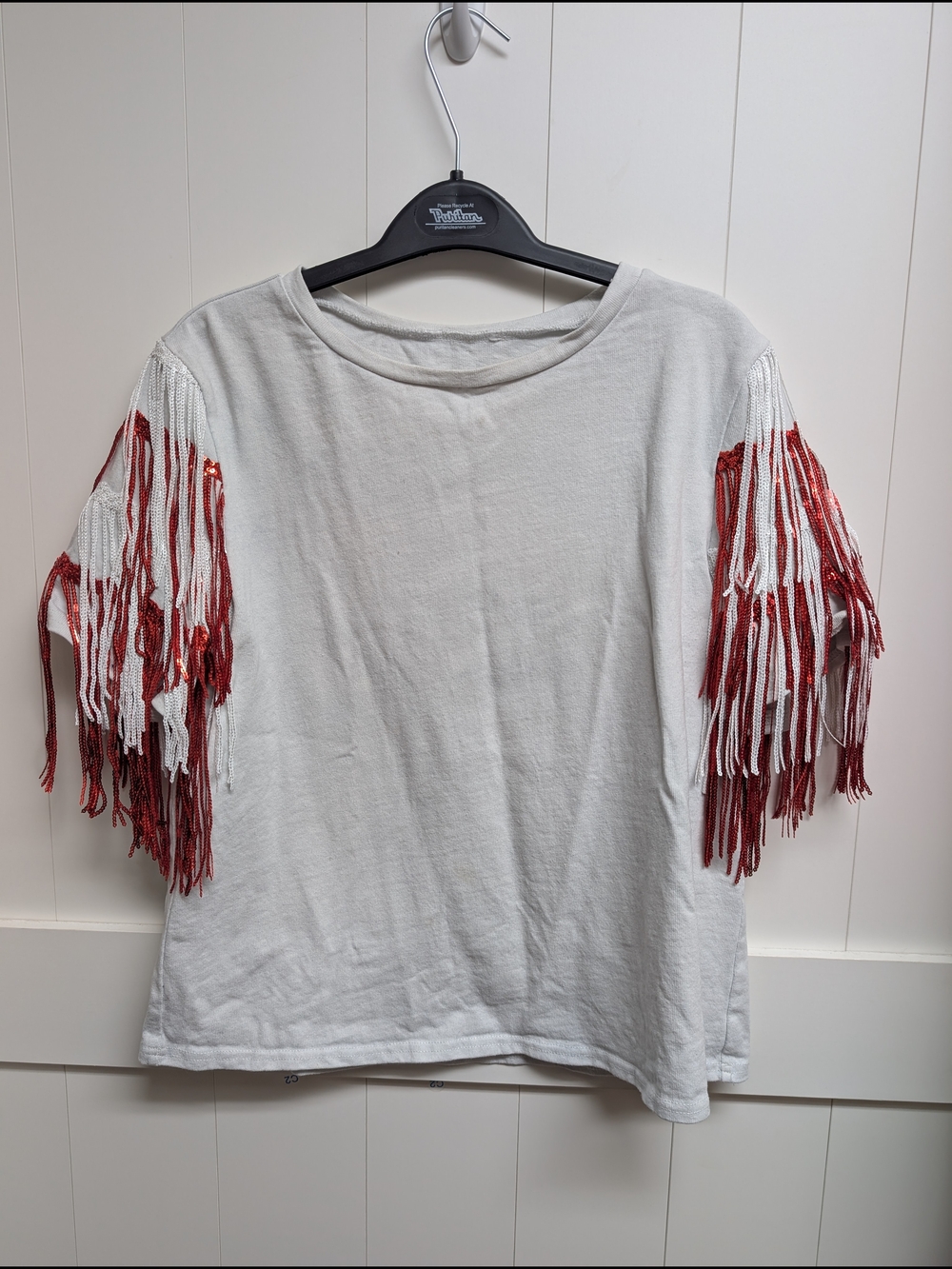 White T-Shirt with Red & White Sequin Fringe Sleeves, Medium